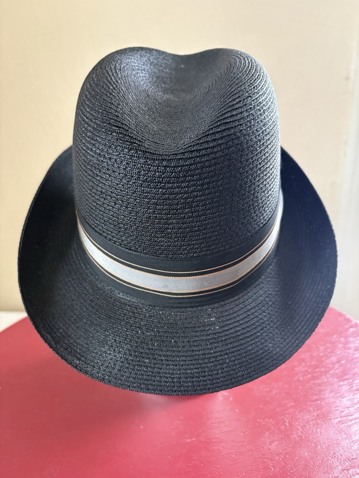 Vintage Beaver Hats Straw Fedora Panama Hat Black Milan w/ Gray Band Size 7 1/8