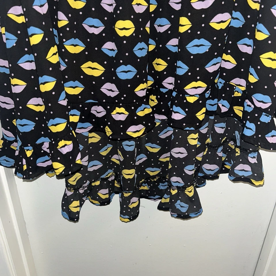 Falda midi Anna Sui negra multicolor con estampado de labios dobladillo retro arte talla XL Foto 4 de 4