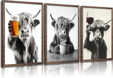 KKP Funny Highland Cow Poster Wall Art Set of 3 Black and White Cow Pictures Bar