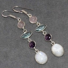 Rainbow Moonstone Blue Topaz 925 Silver Plated Earrings 2.4
