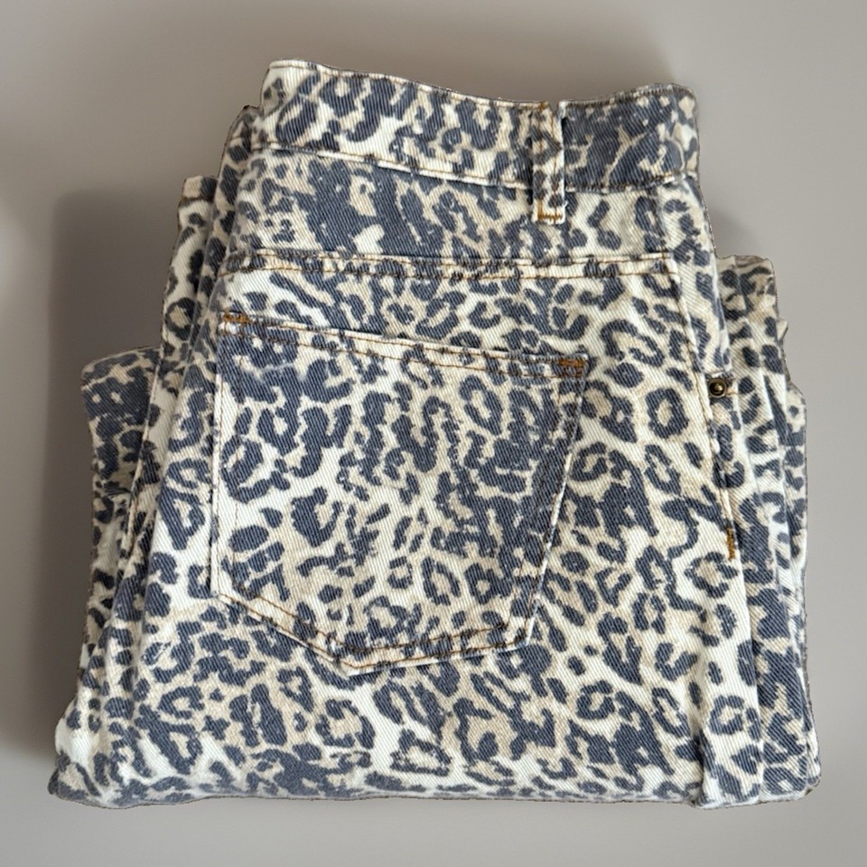 Lioness Beige Leopard Print Horseshoe Baggy Jeans-Mid Waist-Size M