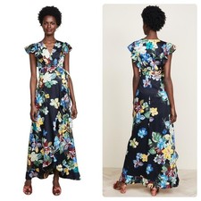 Alexis Janna Dress Tropical Floral Wrap Maxi Black V-Neck Ruffle Cotton XS