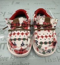 Hey Dude Wally Toddler Ugly Sweater Red Green Snowflake Loafers Shoes TD 7 EU 23