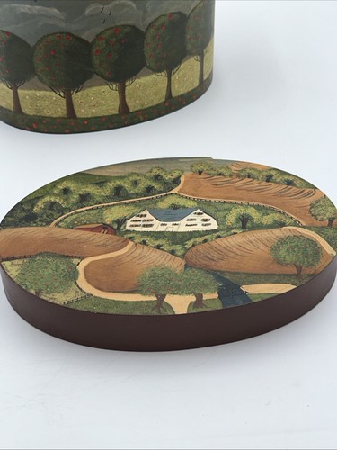 Primitive Vintage American Wooden Shaker Folk Art Box Country Scene Hand Painted - Picture 9 of 13