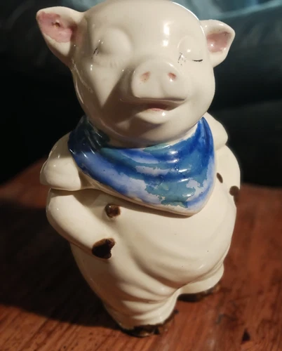VINTAGE 1940'S SHAWNEE POTTERY SMILEY PIG COOKIE JAR BLUE SCARF MADE IN USA