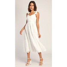 Lulus Perfect Vacation White Eyelet Embroidery Tie-Strap Midi Dress M