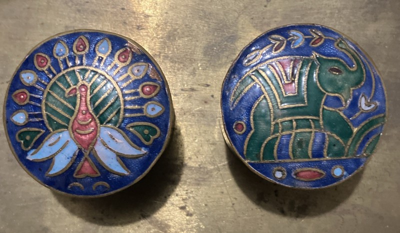 Pair Of Vintage Brass Enamel Snuff Pill Box – Peacock & Elephant Design