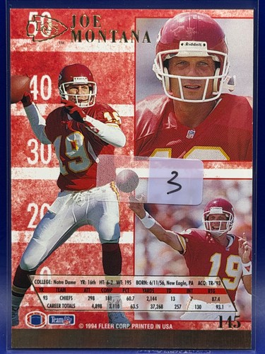 1994 Fleer Ultra Joe Montana #145 Kansas City Chiefs HOF - NM/MT (3) - Picture 2 of 2