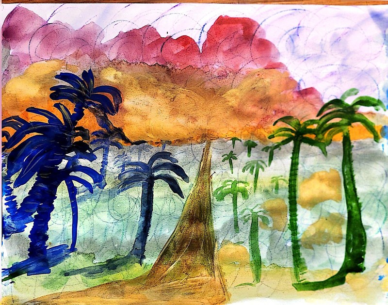 Palm Trees Breeze Abstract Expressionist Watercolor Original Paper 11x14 Signed
