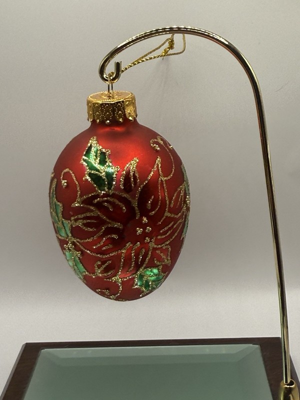 Dept 56 Hand Crafted Glass Egg Ornament RED poinsettia Gold Glitter