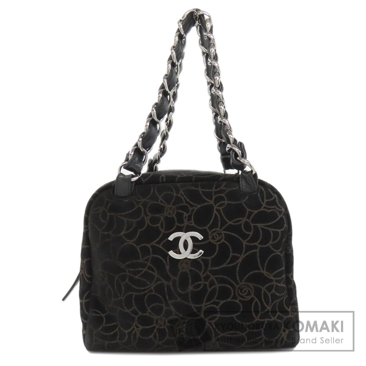 CHANEL Suede Shoulder Bag with Silver Hardware & Camellia Pattern Pre-Owned