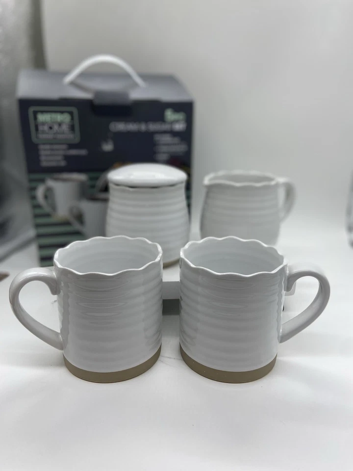 5 Piece Cream and Sugar Set with 2 Mugs New In Box Metro Home Collection White - Image 2 of 4