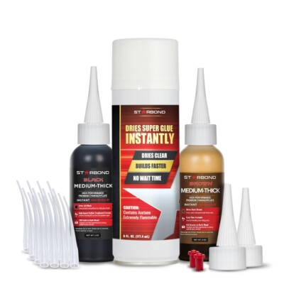 STARBOND 2 oz Black & 2 oz Brown Medium-Thick Super Glue, 6 oz Aerosol Activator