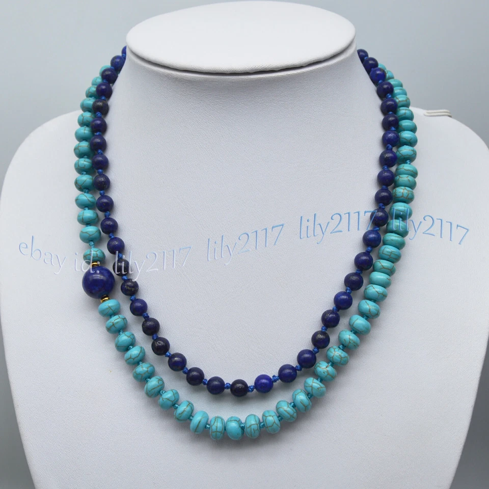 Colares redondos de lápis-lazúli 2 fileiras 5x8mm azul turquesa Rondelle Gems 17-18"" - Imagem 2 de 4