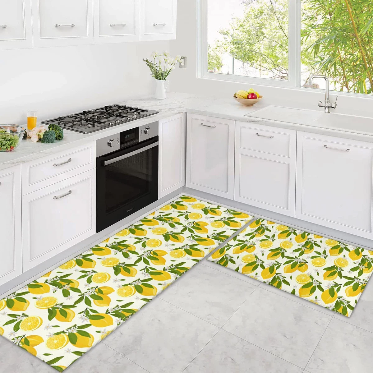 Lemon Kitchen Mats Cushioned anti Fatigue 2 Piece Set, Memory Foam