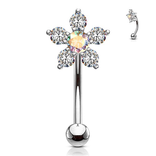 CZ Flower Surgical Steel Curve Barbell Eyebrow Ring Lip Rook Snug Piercing - Picture 3 of 7