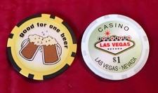 4x Casino Souvenir Poker Chips 1 LAS VEGAS NEVADA  GOOD FOR ONE BEER BIN NOW 