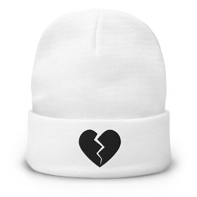 Goth Black Broken Heart Valentines Day Embroidered Cuff Beanie