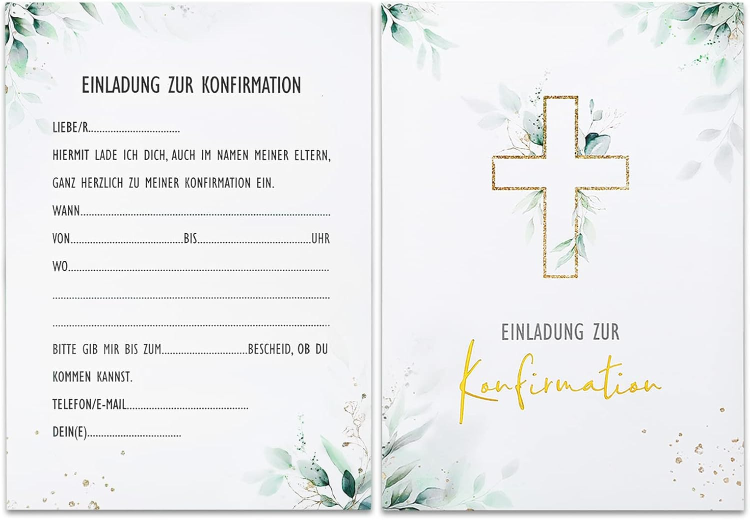 12 x Einladungskarten zur Konfirmation Din-A6 Karten mit Elegantes Blättermotiv
