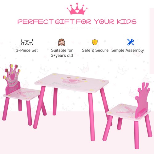 3 Piece Set Kids Wooden Table and Chair with Crown Gift for Girl Toddlers 3-8 - Picture 5 of 10