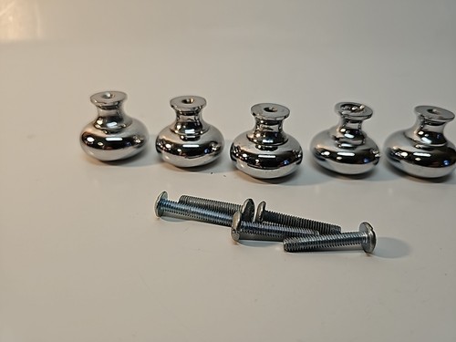 Lot of 5 Round Mushroom Antique Chrom Drawer Cabinet Pulls Knobs 1” With Bolts - Picture 3 of 4