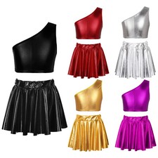 Girls Cheerleading Costumes Crop Top Pleated Skirt Shiny Metallic Dance Outfits