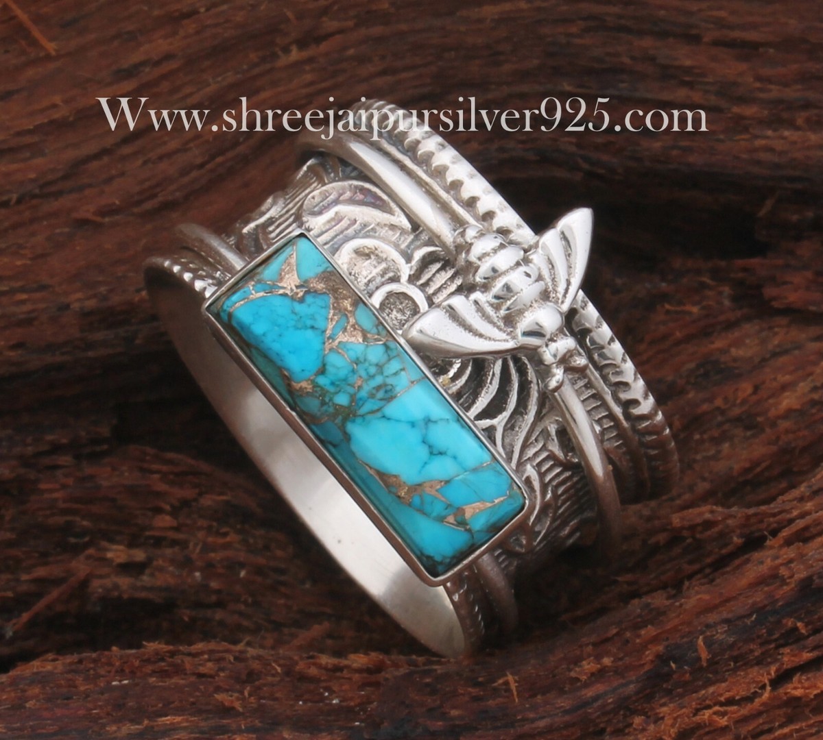 Blue Copper Turquoise Bar Stone 925 Sterling Silver Bee Spinner Anxiety  Ring Gif