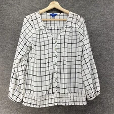 Apt. 9 Shirt Women S Small White Plaid Button Up V-Neck Elastic Waist Casual