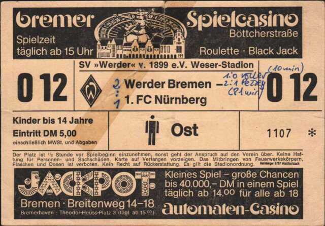 3024 Ticket Bl 85/86 SV Werder Bremen - 1. FC Nuremberg 07.09.1985