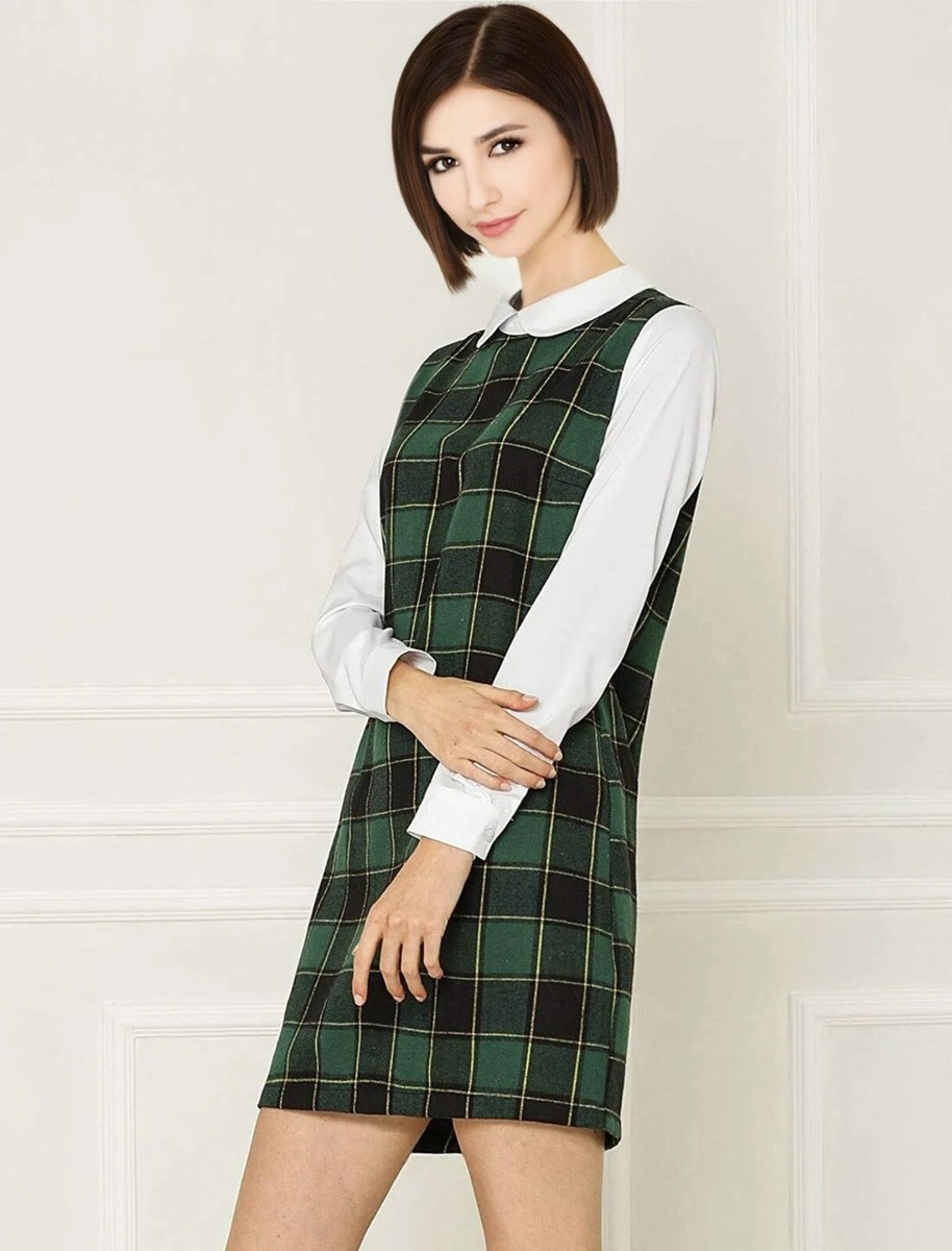 Allegra K Contrast Peter Pan Collar Long Sleeve Shift Plaid Dress - Main Image