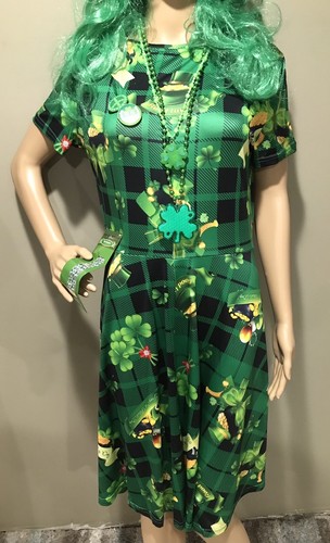 Womens St. Patrick’s Day Dress Leprechaun Costume Size Large NewGreen Wig+Extras - Foto 2 di 15