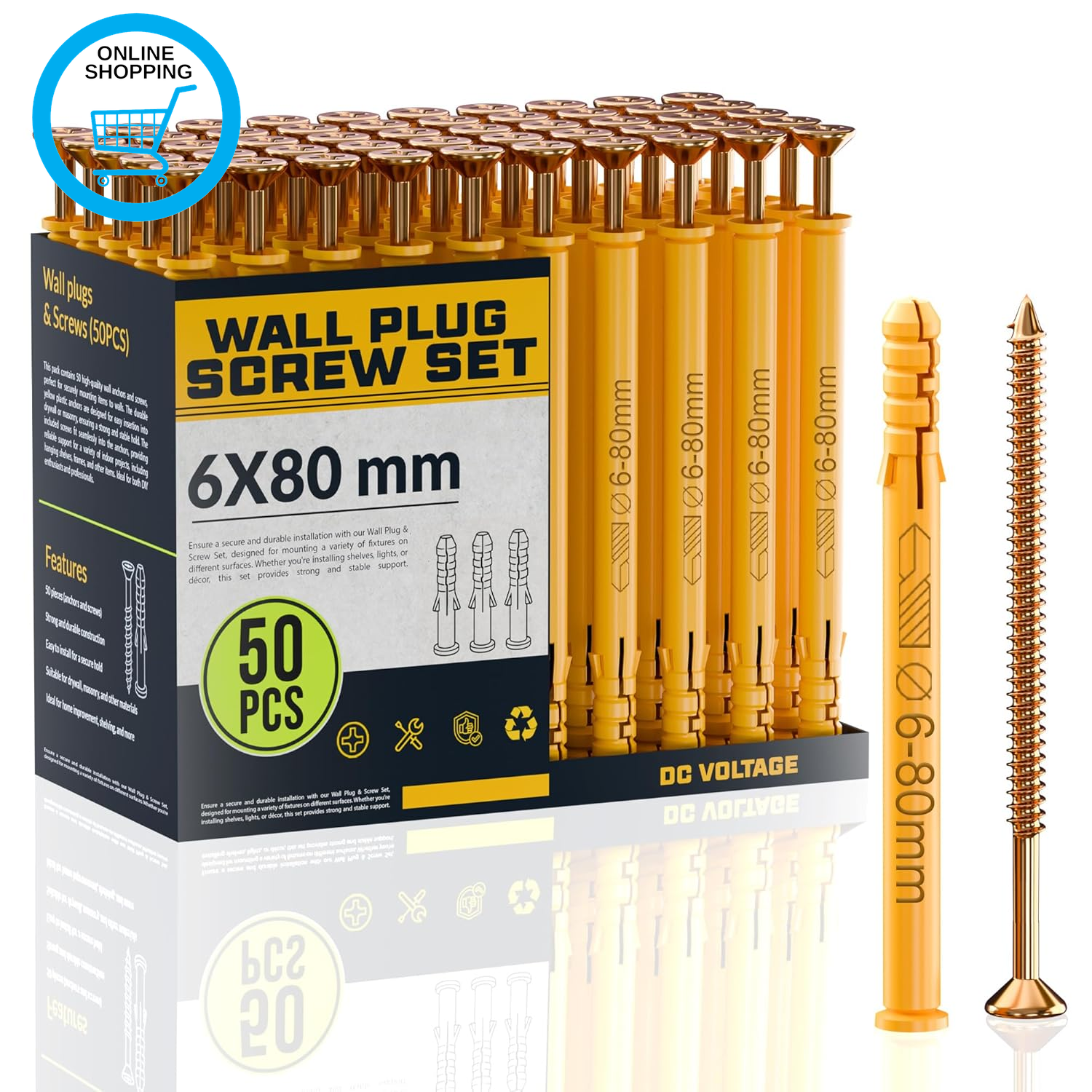 50Pcs Wall Plugs and Screws Set 6 X 80 Mm Anchor Bolts for Masonry Brick Concret