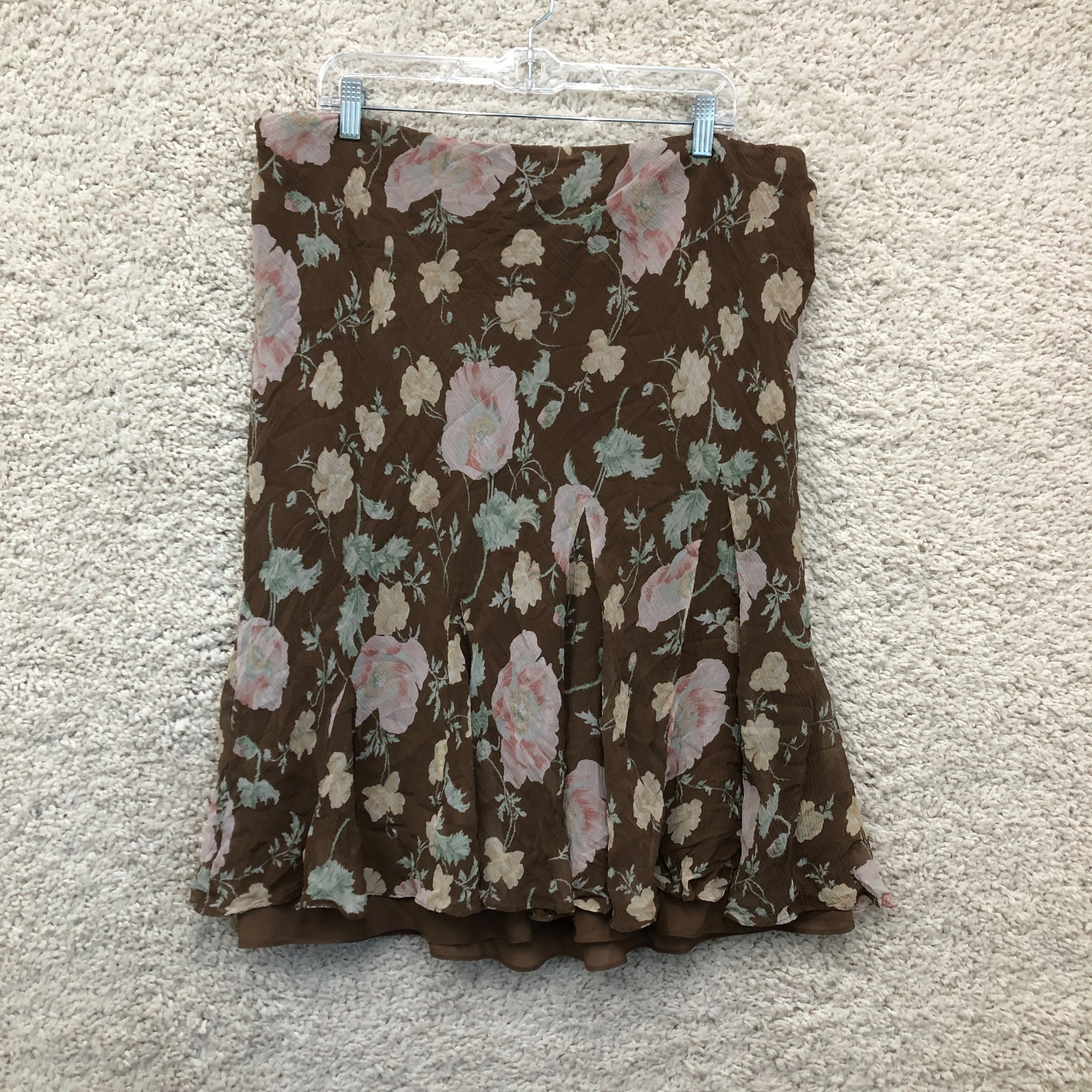LRL Ralph Lauren Skirt Extra Large Adult Brown Floral Godet Silk Lined Womens XL