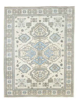 Hand Knotted Oushak Rug 8x10 Ivory Blue Wool Rug Geometric Medallion Area Rug