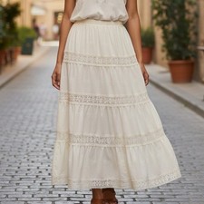 Cider Ivory White Tiered Lace Maxi Skirt Santorini Coastal Romantic L