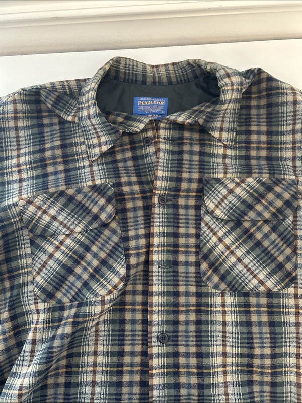 Pendleton Wool Flannel Mens Large Plaid Tartan Green Flannel Vintage