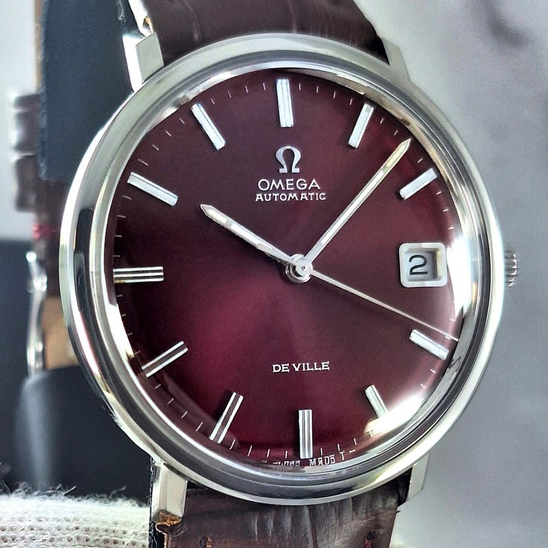 OMEGA DE VILLE AUTOMATIC 24 JEWELS CAL.565 DATE BURGUNDY DIAL VINTAGE MENS WATCH image 4
