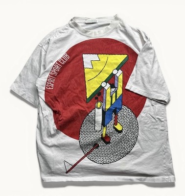 Vintage Men s Esprit Sport Club Golf Art Graphic Print Shirt 80s USA Sz L White 
