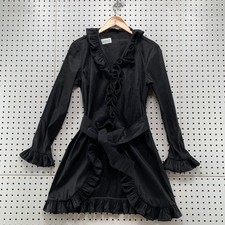 Vintage Ravel Ruffled Neck Wrap Dress Black Womens Medium Stretch Y2K