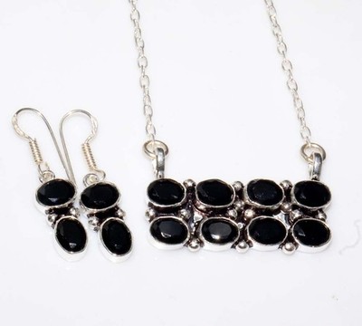 925 Silver Plated Outstanding Black Onyx Necklace Earrings Set 17|1.4" Trendy MJ