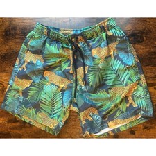 Franks Mens M Leopard Tropical Leaf Swim Trunks Shorts Elastic Waist Drawstring