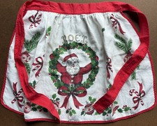 Vintage Linen Half Apron "Parisian Prints" Christmas Santa Noel Retro MCM