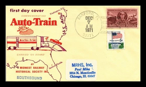 US COVER AUTO-TRAIN CARRIED ON BOARD FIRST DAY SANFORD FLORIDA THERMOGRAPHED