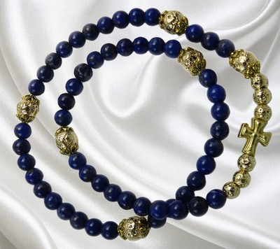 Handmade Five Decade Catholic Rosary Bracelet, Lapis Lazuli and Lava Rock Beads