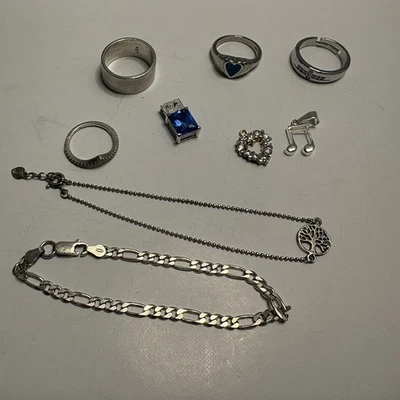 Vintage 925 Sterling Silver Jewelry Lot Rings Figaro Bracelet Charm Tree of Life - Image 1 of 4