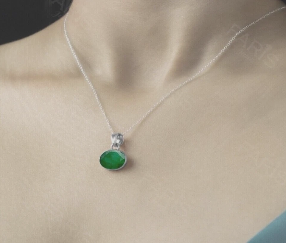 Green Emerald Oval Stone Pendant Minimalist Oval Necklace Sterling Silver 20" - image 2 of 4