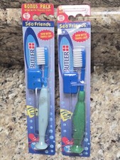 2 Kids Butler Sea Friends Soft Toothbrush Green Blue Turtle Handle VTG 1990's