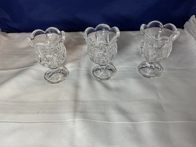 3 Crystal Votive Candle Holders Scalloped Edge Crosscut Design Footed