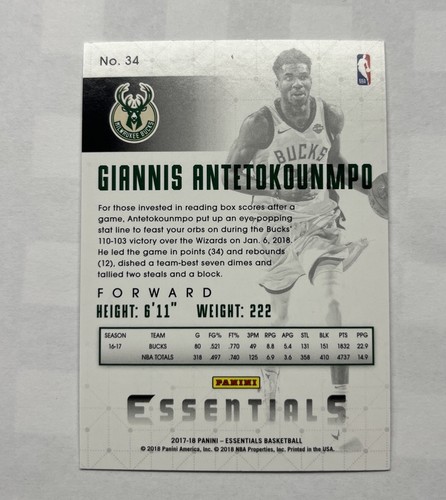 2017-18 Panini Essentials GIANNIS ANTETOKOUNMPO #34 🔥 Milwaukee Bucks - Picture 2 of 3