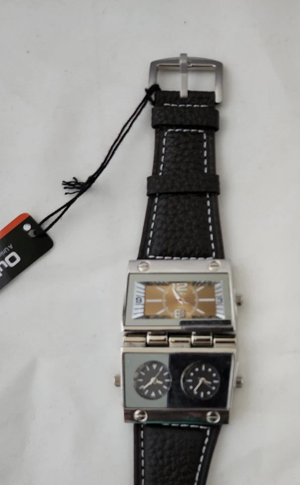 OULM男士腕表模拟棕色皮革表带3副表盘 — 第 3/4 张图片